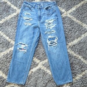 American Eagle Mom Straight Jean With Patchwork Distressed High Rise Plaid 8